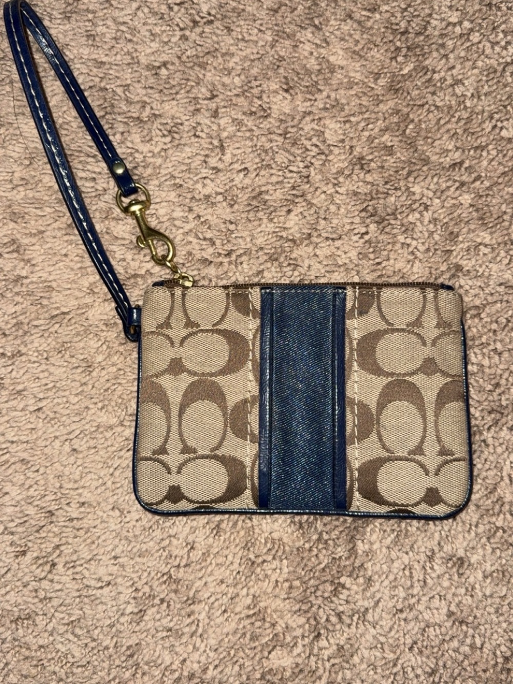 Coach Tan Signature Canvas Wristlet with Blue Leather Stripe